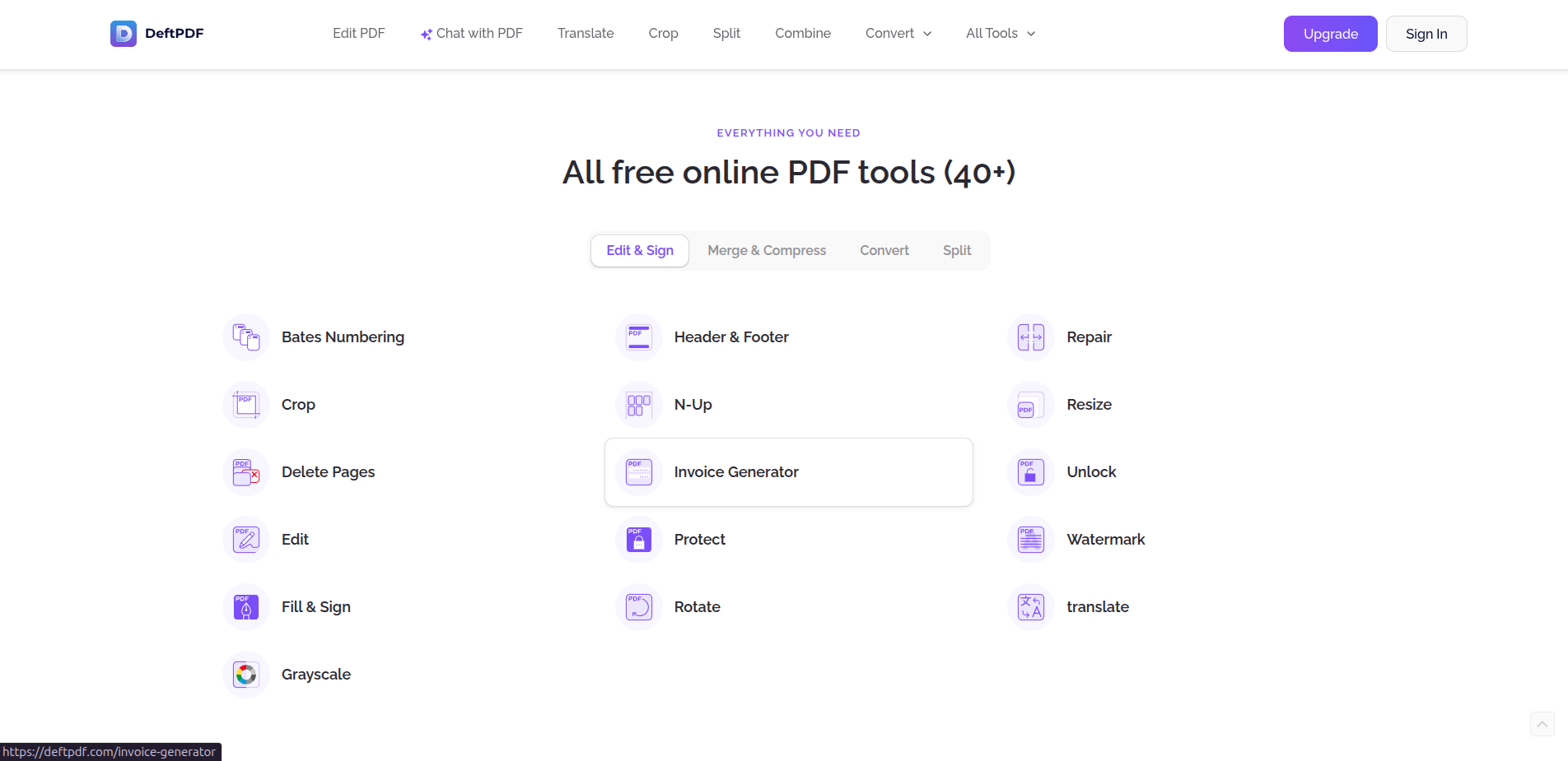All free online PDF tools grid — Edit & Sign, Merge & Compress, Convert, Split