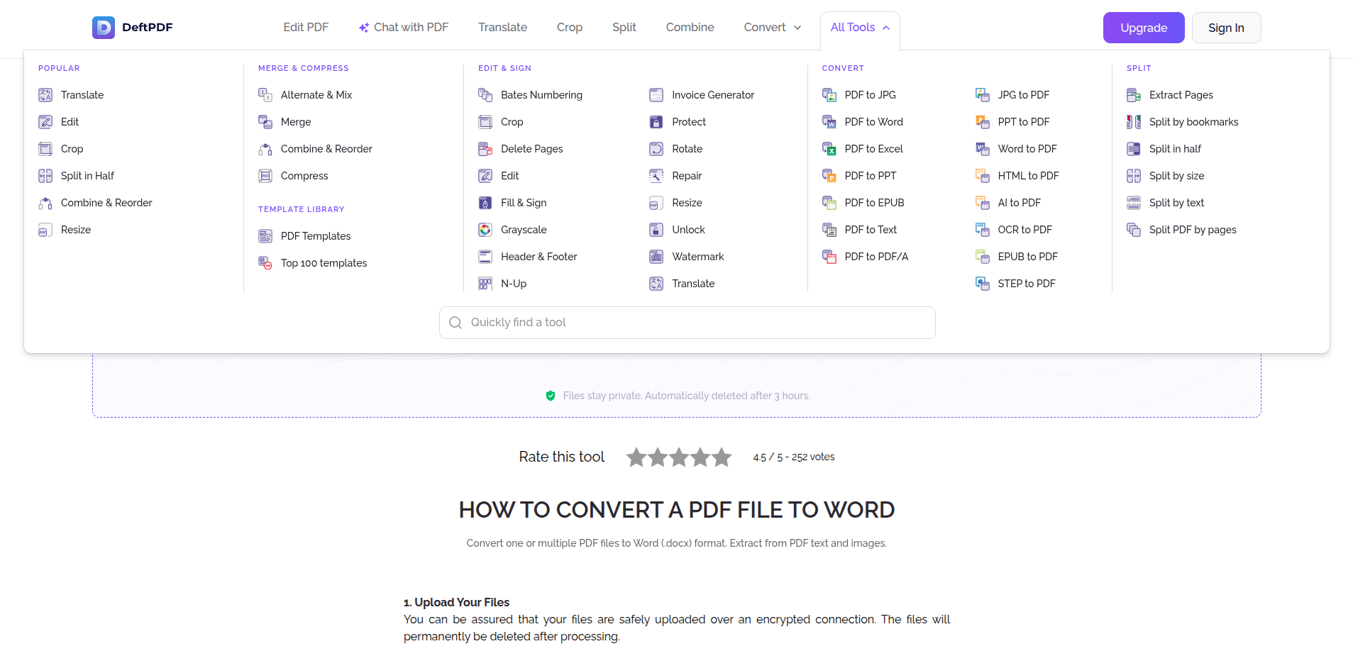 All Tools mega menu showing 40+ PDF tools organized by category