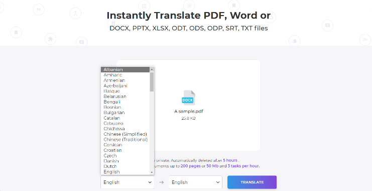 Language selection dropdown with 100+ translation options