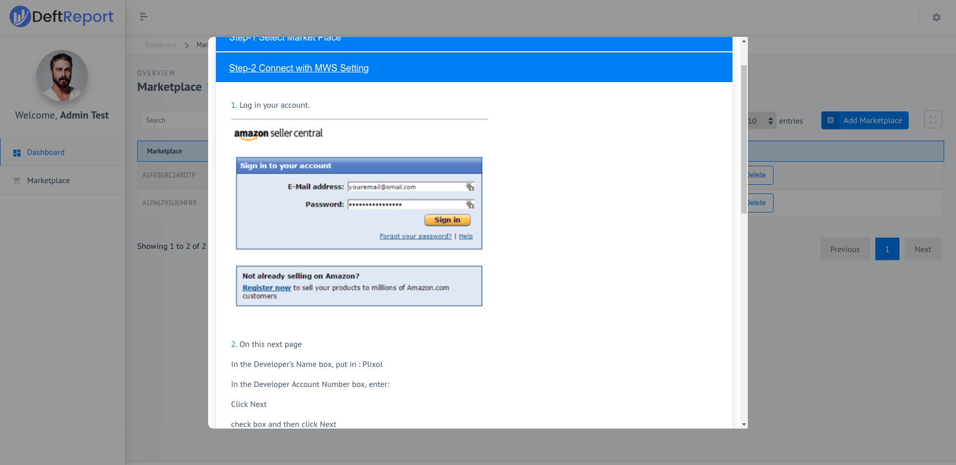 Add Marketplace wizard — Step 2: Enter MWS credentials