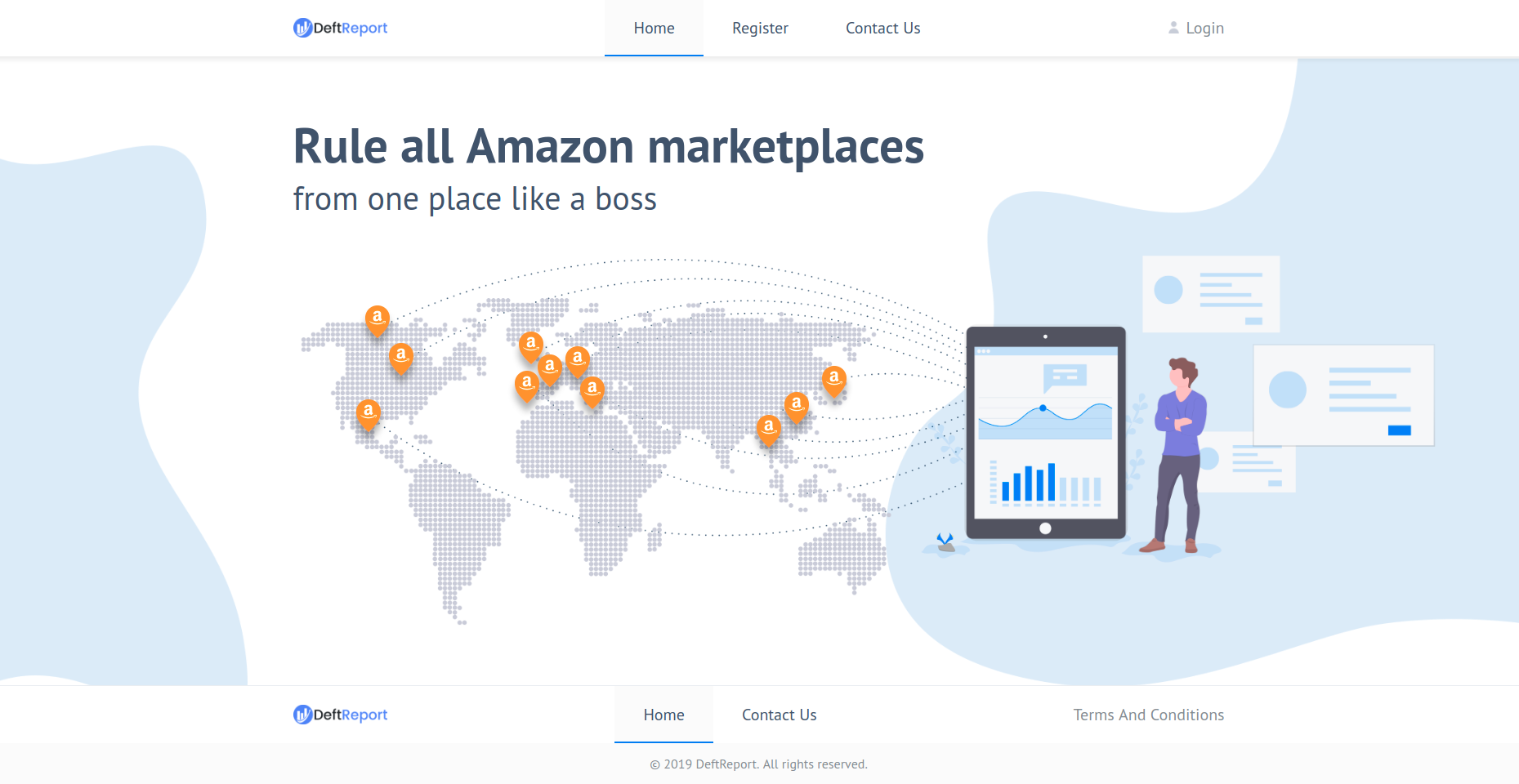 DeftReport landing page showcasing the platform to new sellers