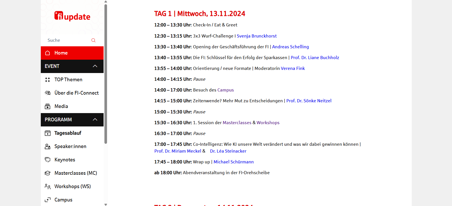 Event program page with session schedule and speaker details