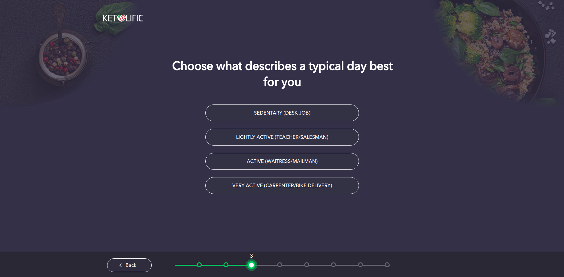 Quiz step 3 — Daily activity level from Sedentary to Very Active