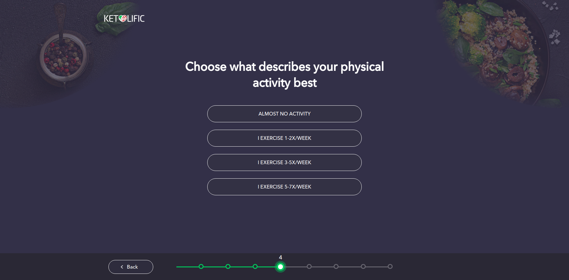 Quiz step 4 — Exercise frequency from Almost No Activity to 5-7x per week
