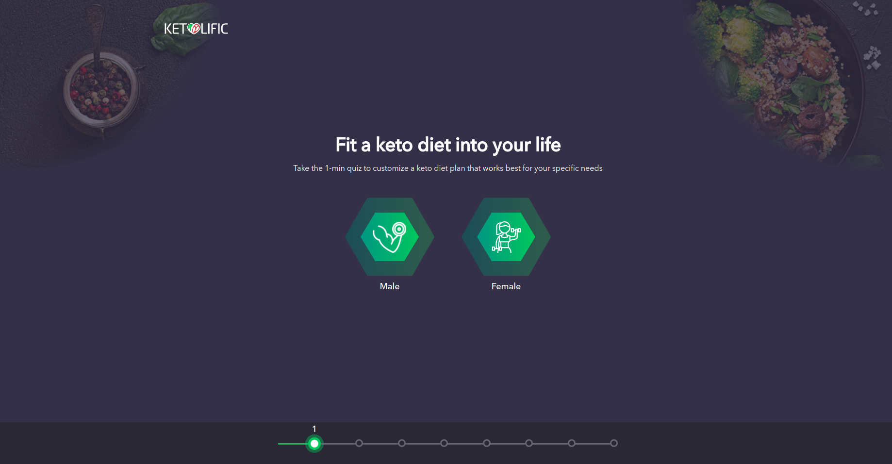 Quiz step 1 — Gender selection with hexagonal icon buttons
