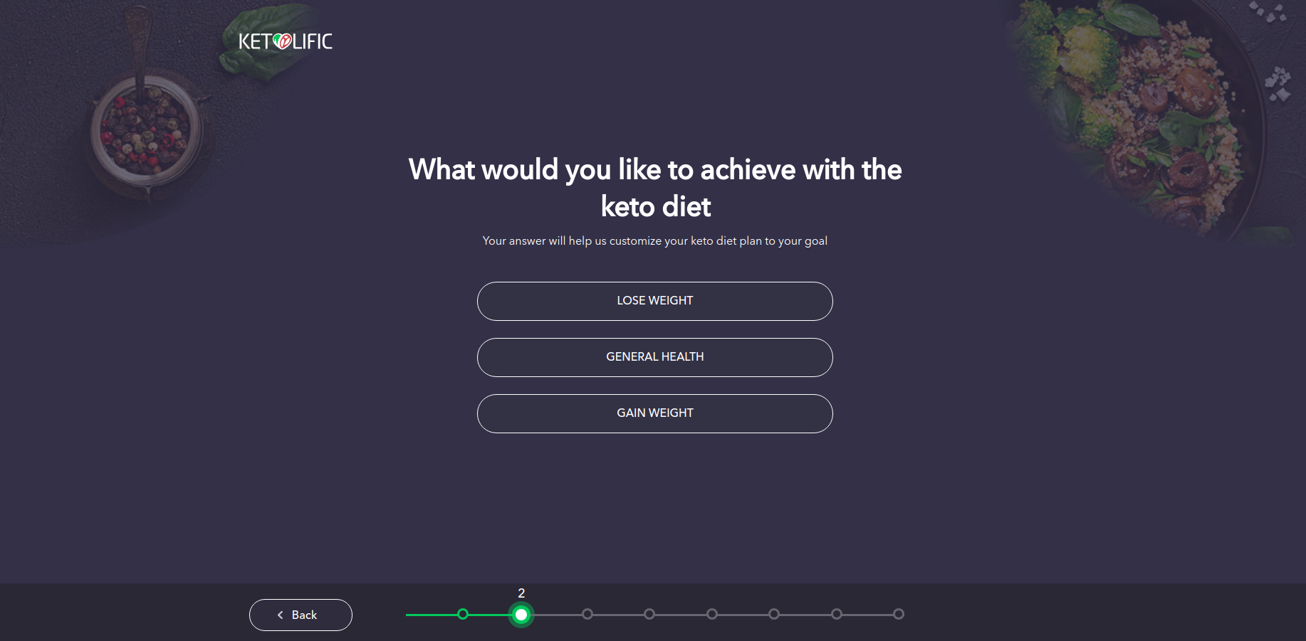 Quiz step 2 — Diet goal: Lose Weight, General Health, or Gain Weight