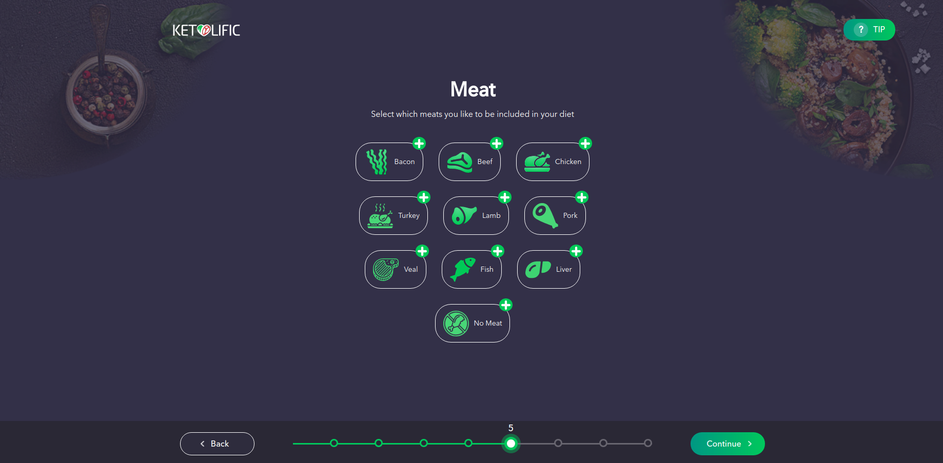 Quiz step 5 — Meat preference selection with toggle indicators