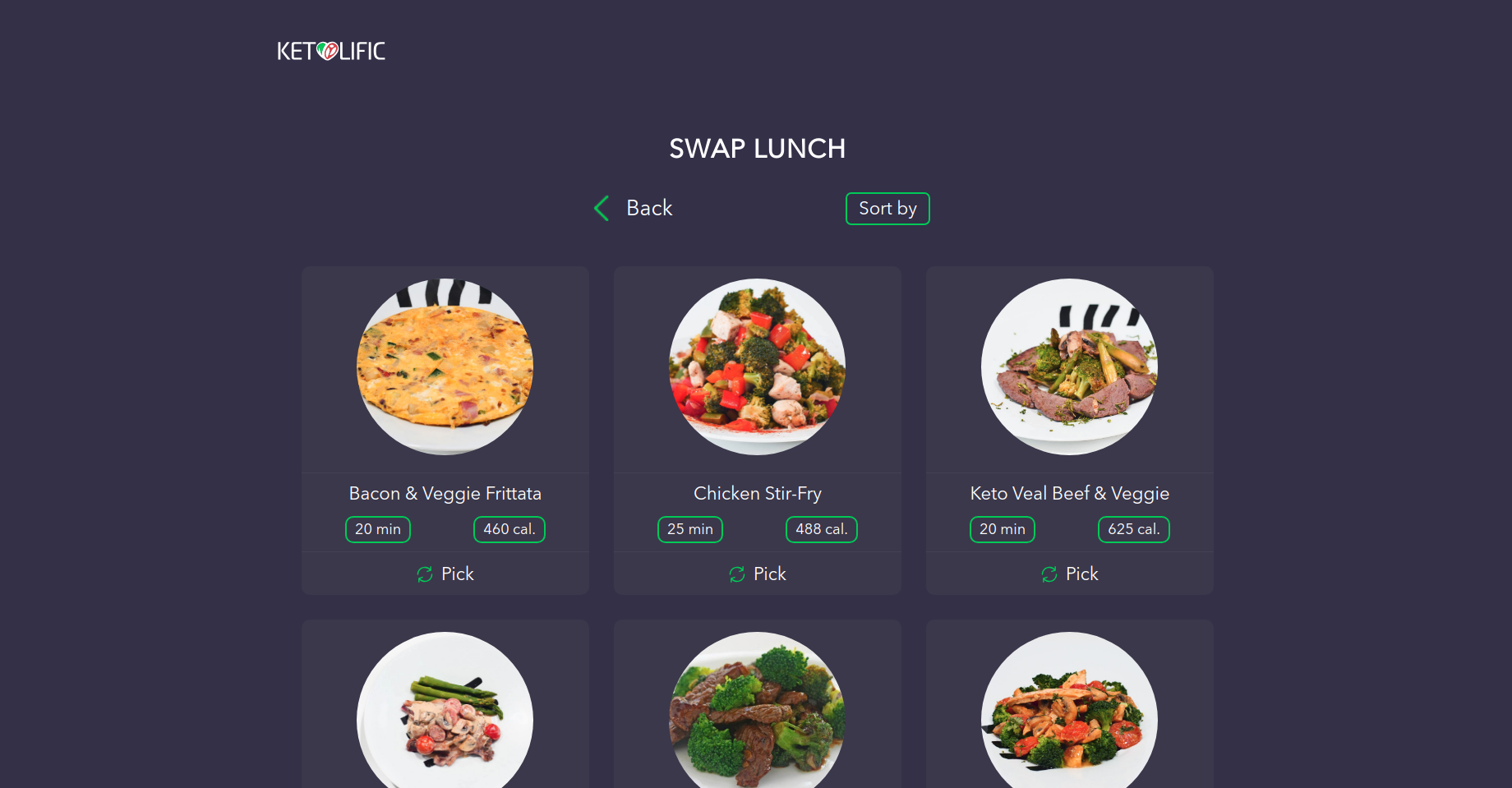 Meal swap screen — alternative keto dishes with cook time and calorie badges