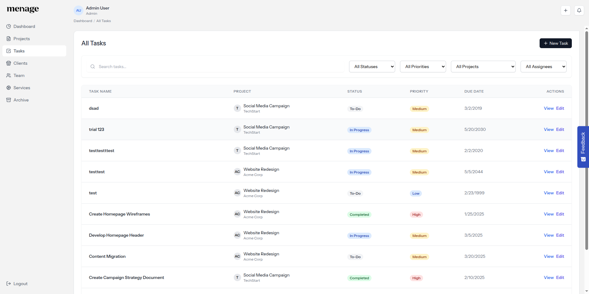 All Tasks flat table with project, status, priority, and due date columns