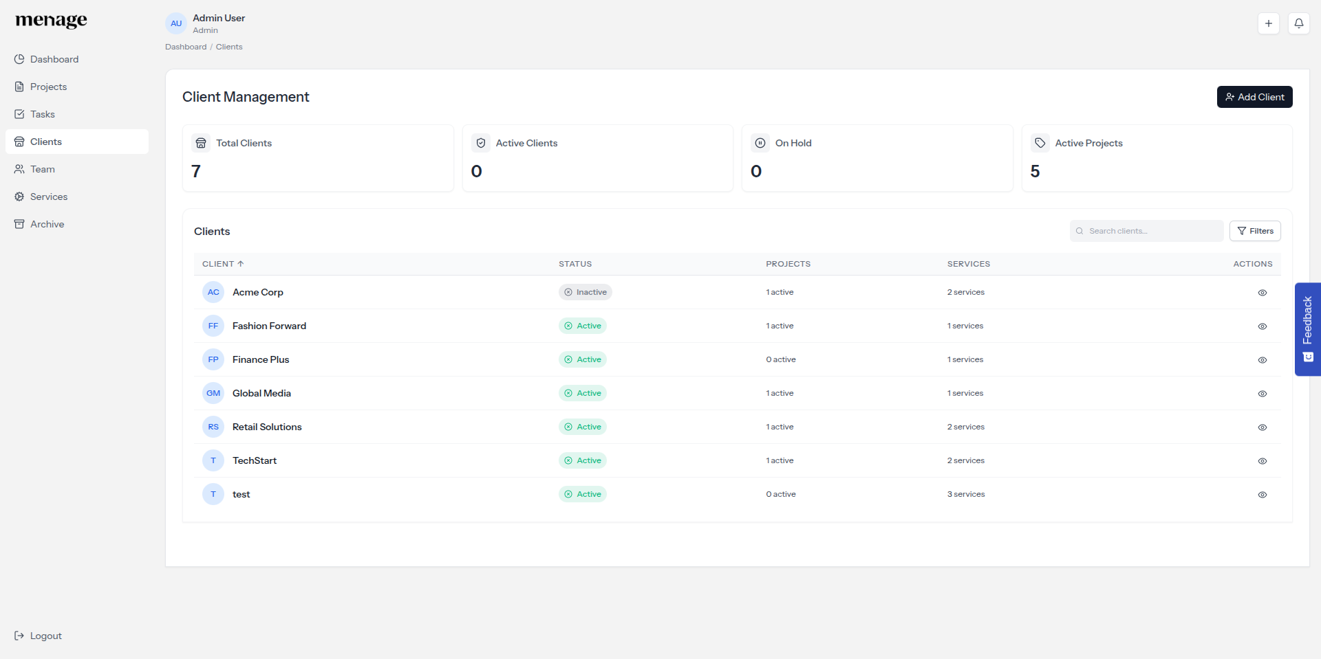 Client management — status badges, project counts, and service assignments