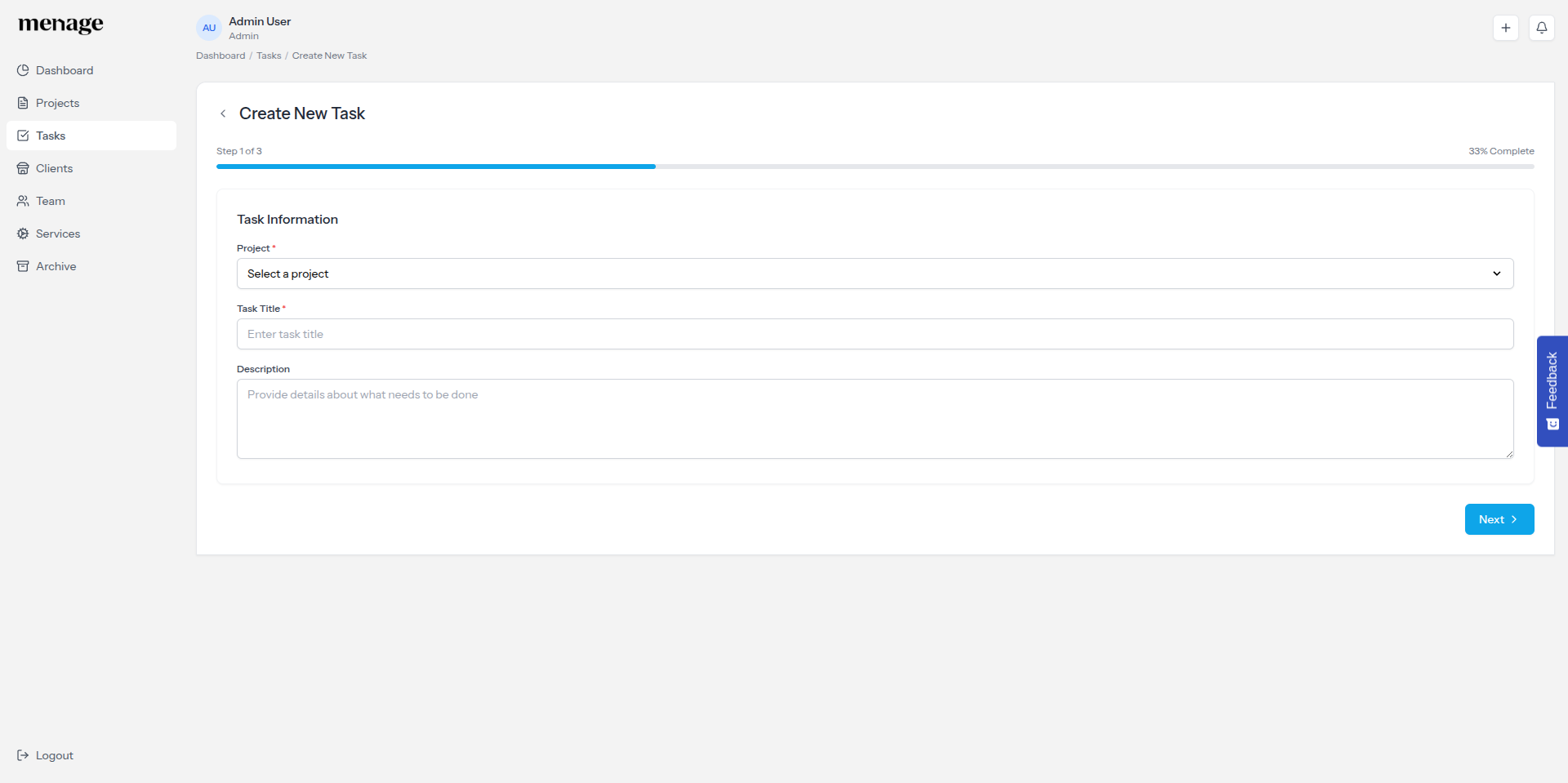 Create New Task wizard — Step 1: Task Information