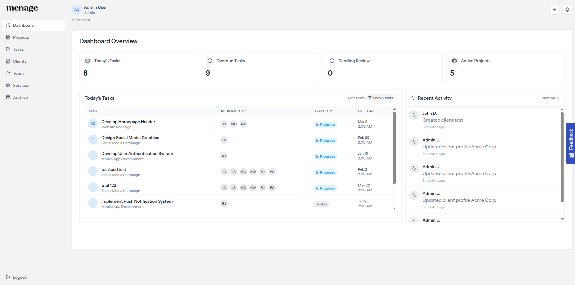 Dashboard overview with KPIs, today's tasks, and recent activity feed