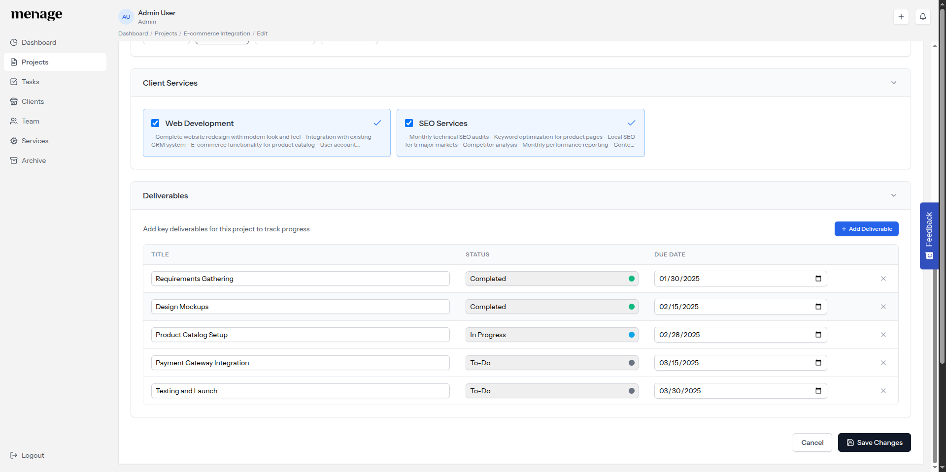 Project deliverables with status tracking and service scope cards