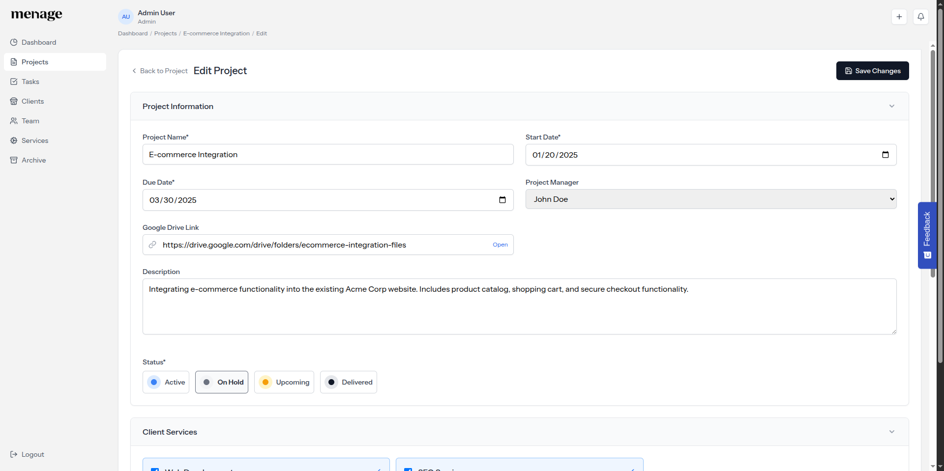 Edit project form with dates, manager, Google Drive link, and status pills