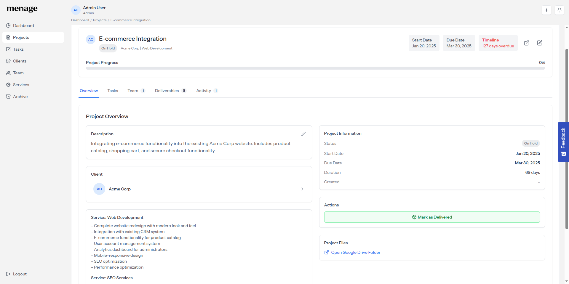 Project detail — overview, description, services, deliverables, and Google Drive link
