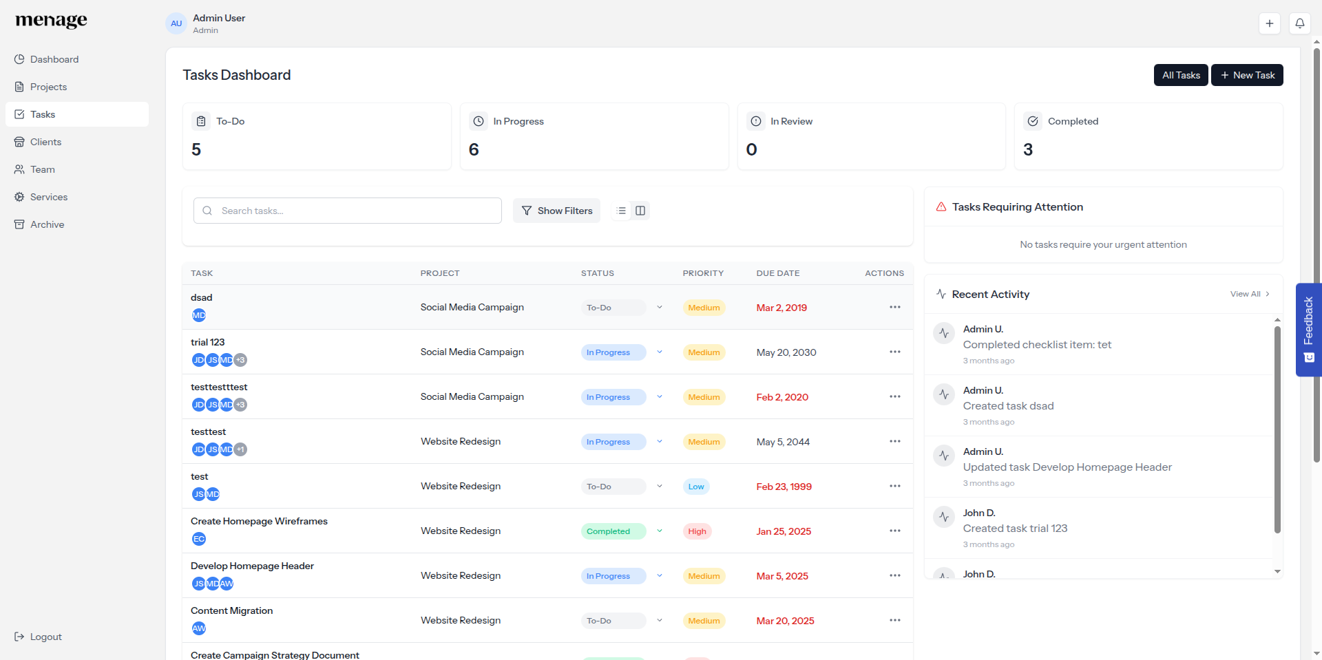 Tasks dashboard with KPIs, task list, priority badges, and activity sidebar