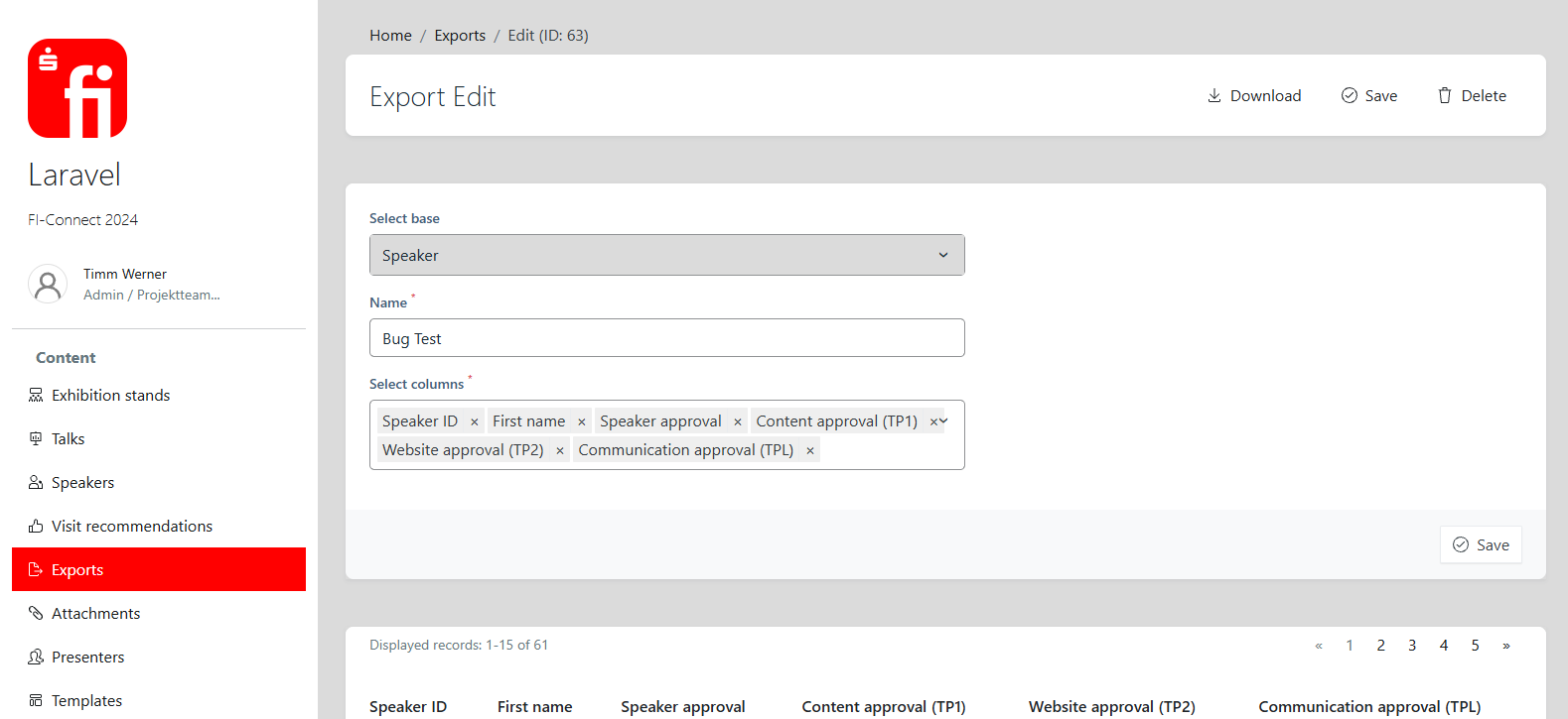 Export builder with entity selection, custom columns, and saved configurations