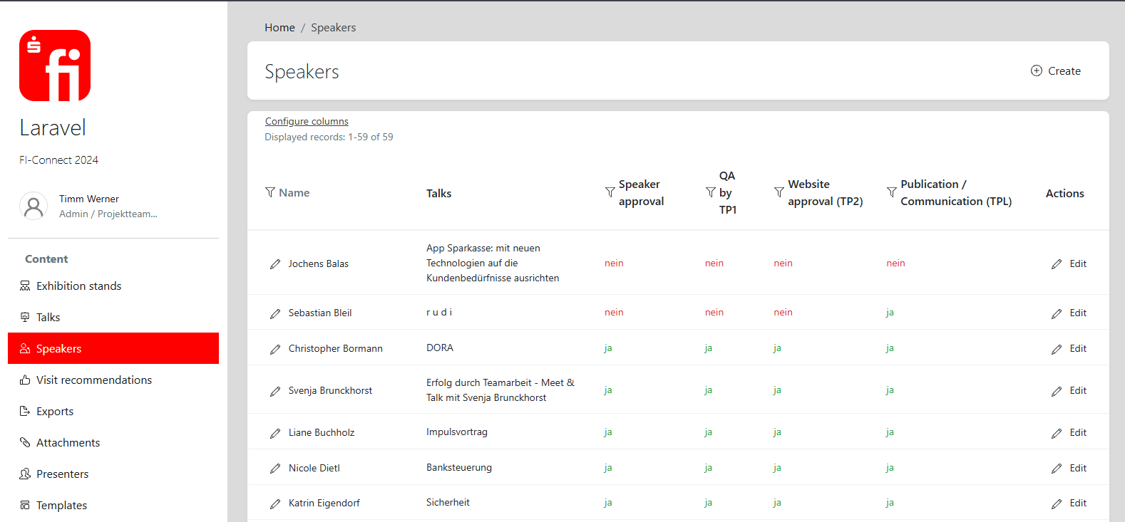 Speakers list with approval status columns