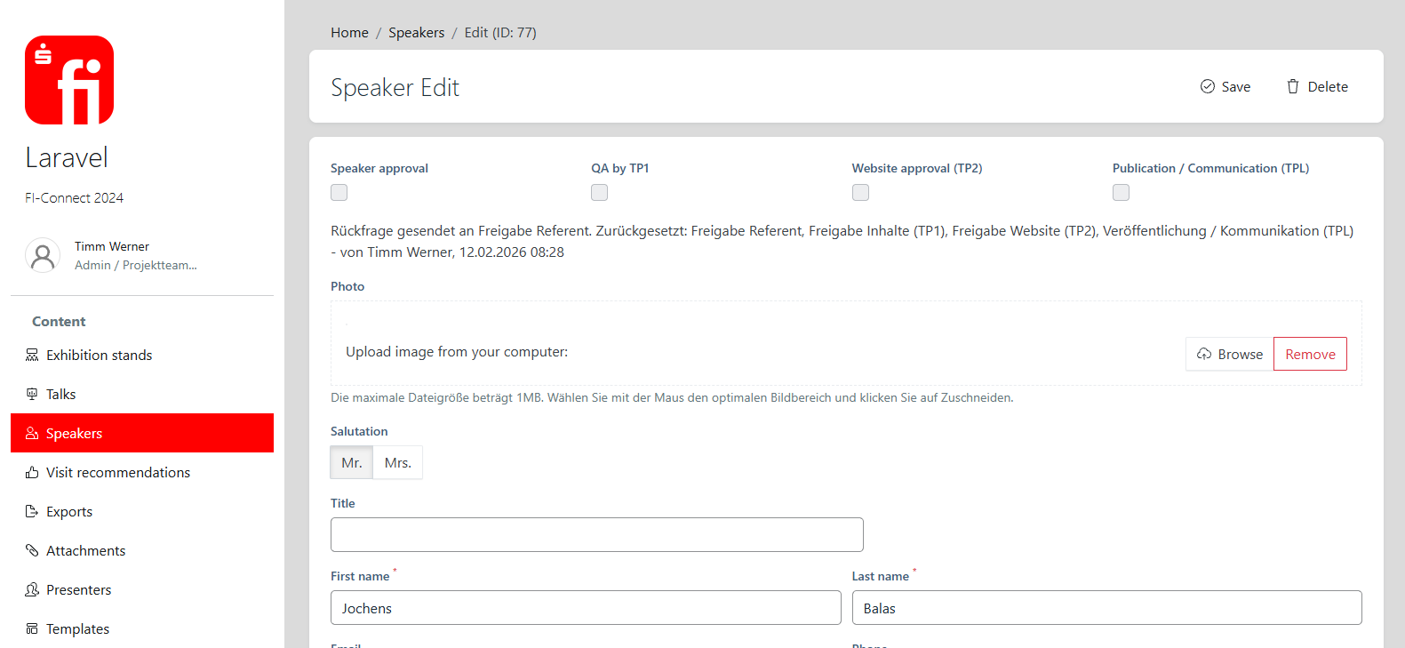 Speaker detail view with profile information