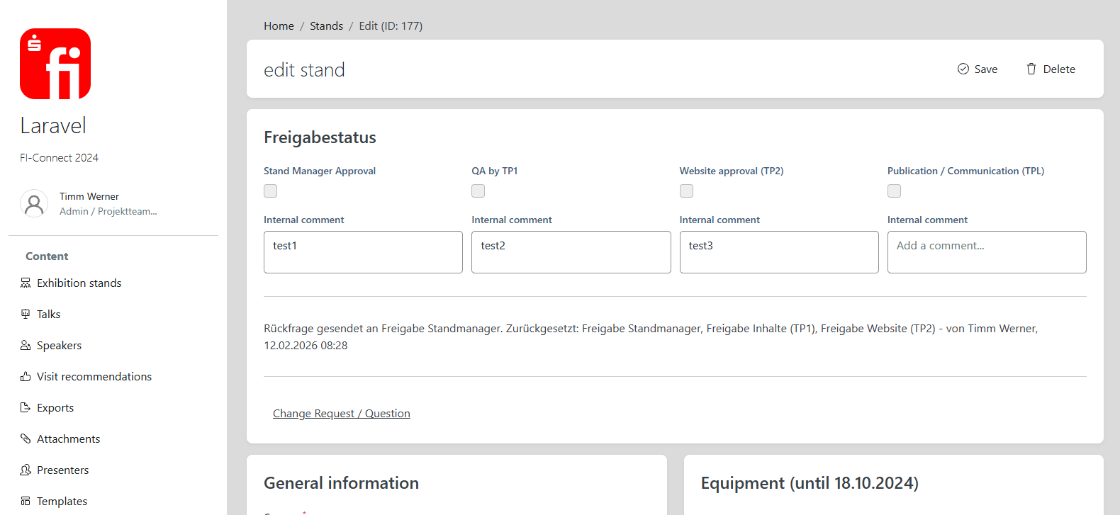 Stand detail view with cluster level and coordinator info