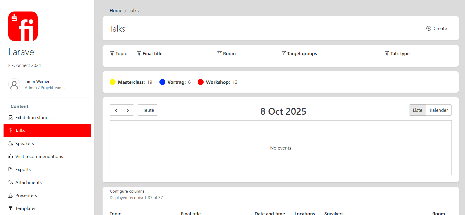 Talks overview with calendar view, talk type filters, and scheduling