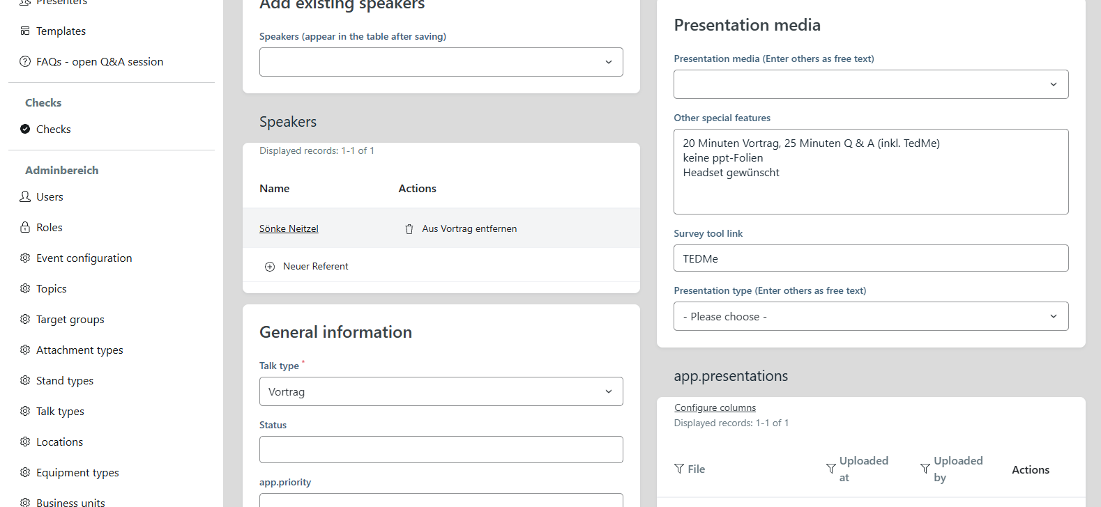 Talk form with speaker assignments and room selection