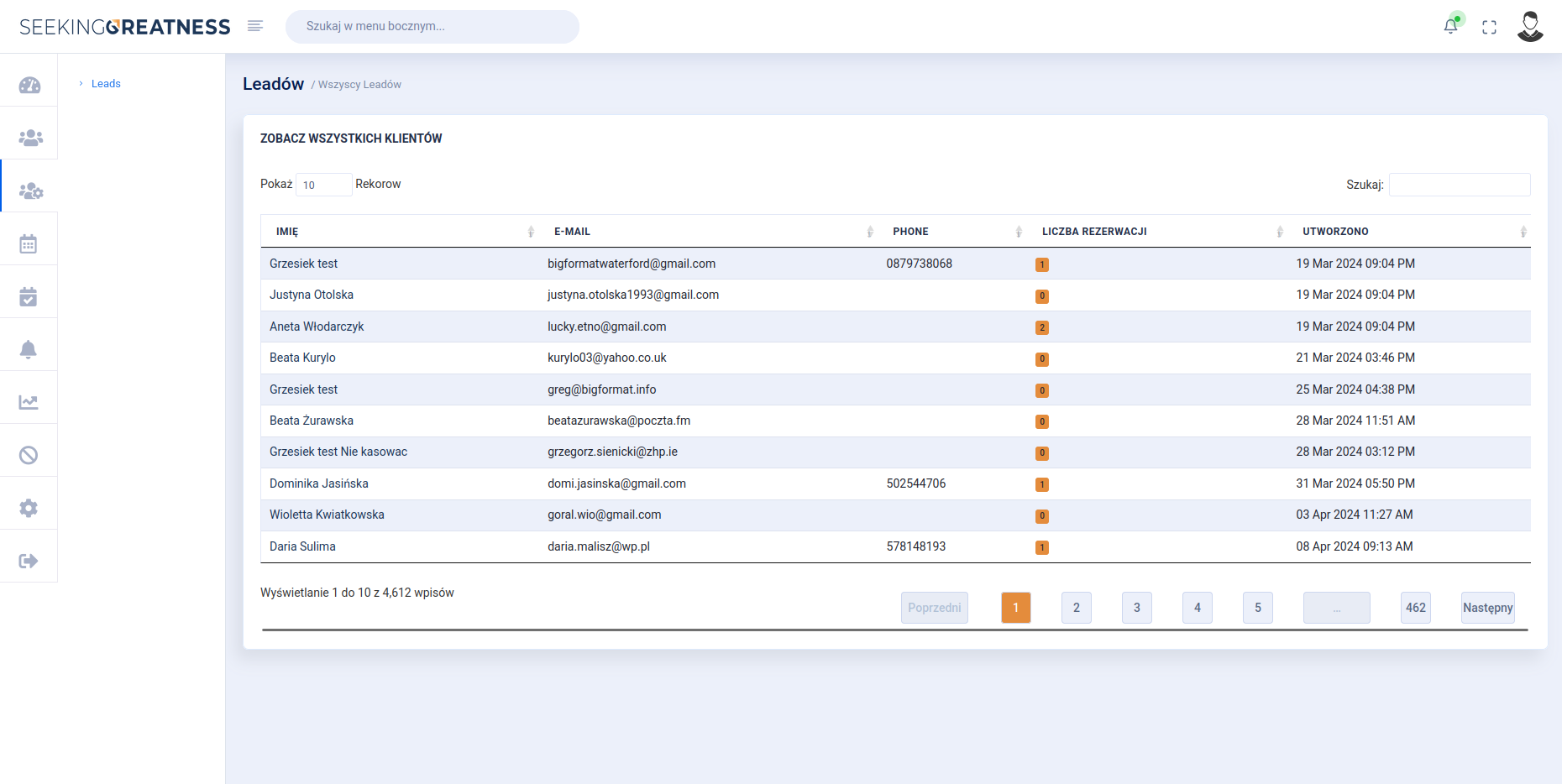 Leads list — 4,612 entries with search and pagination