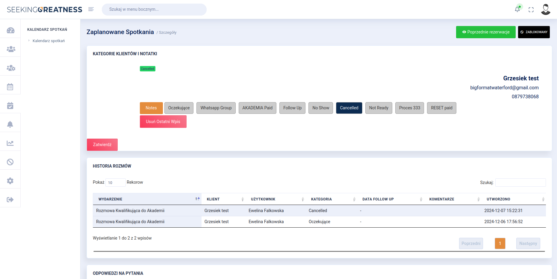 Meeting detail — category assignment, conversation history