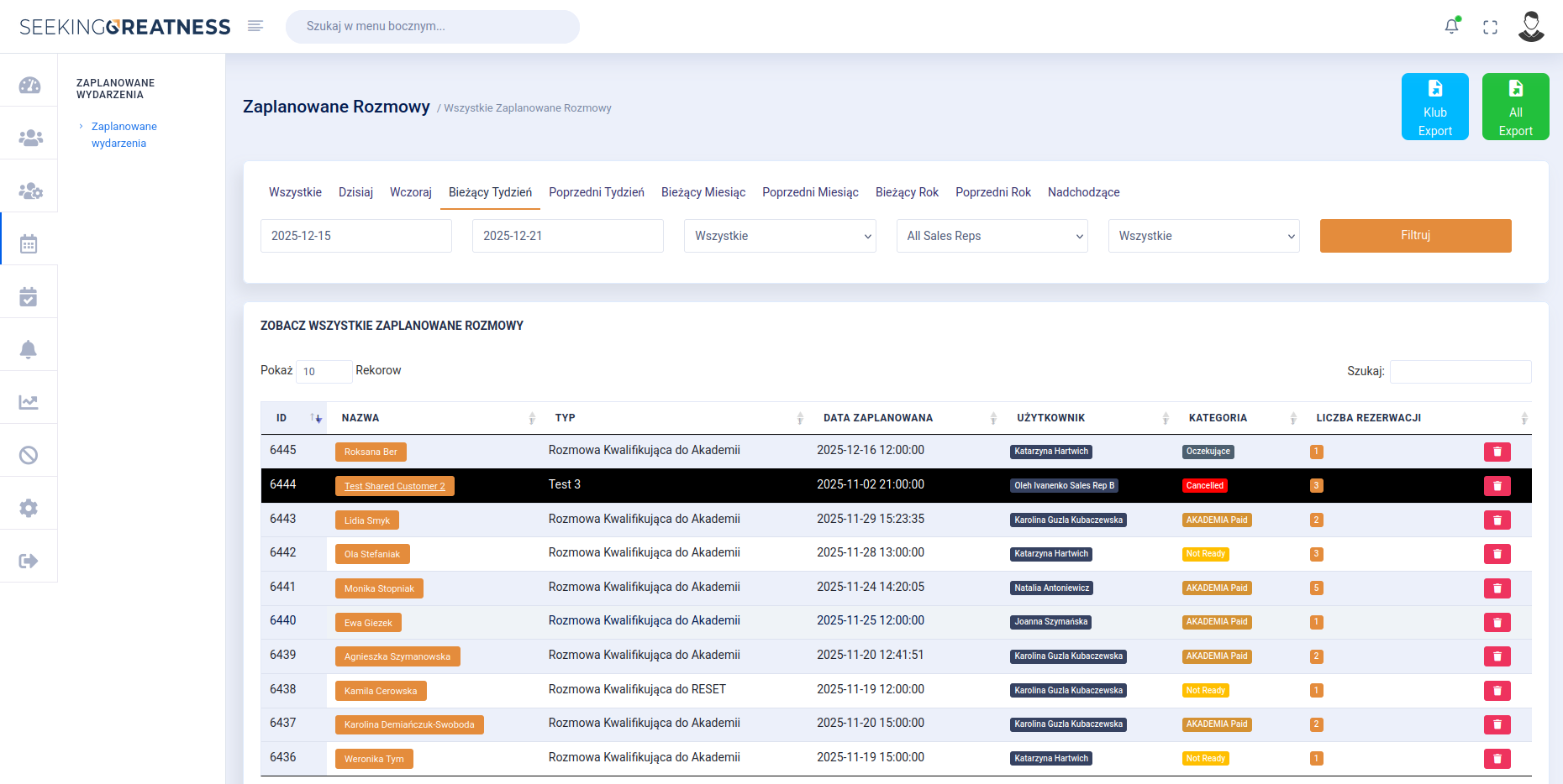 Scheduled qualifying conversations with filters and category badges