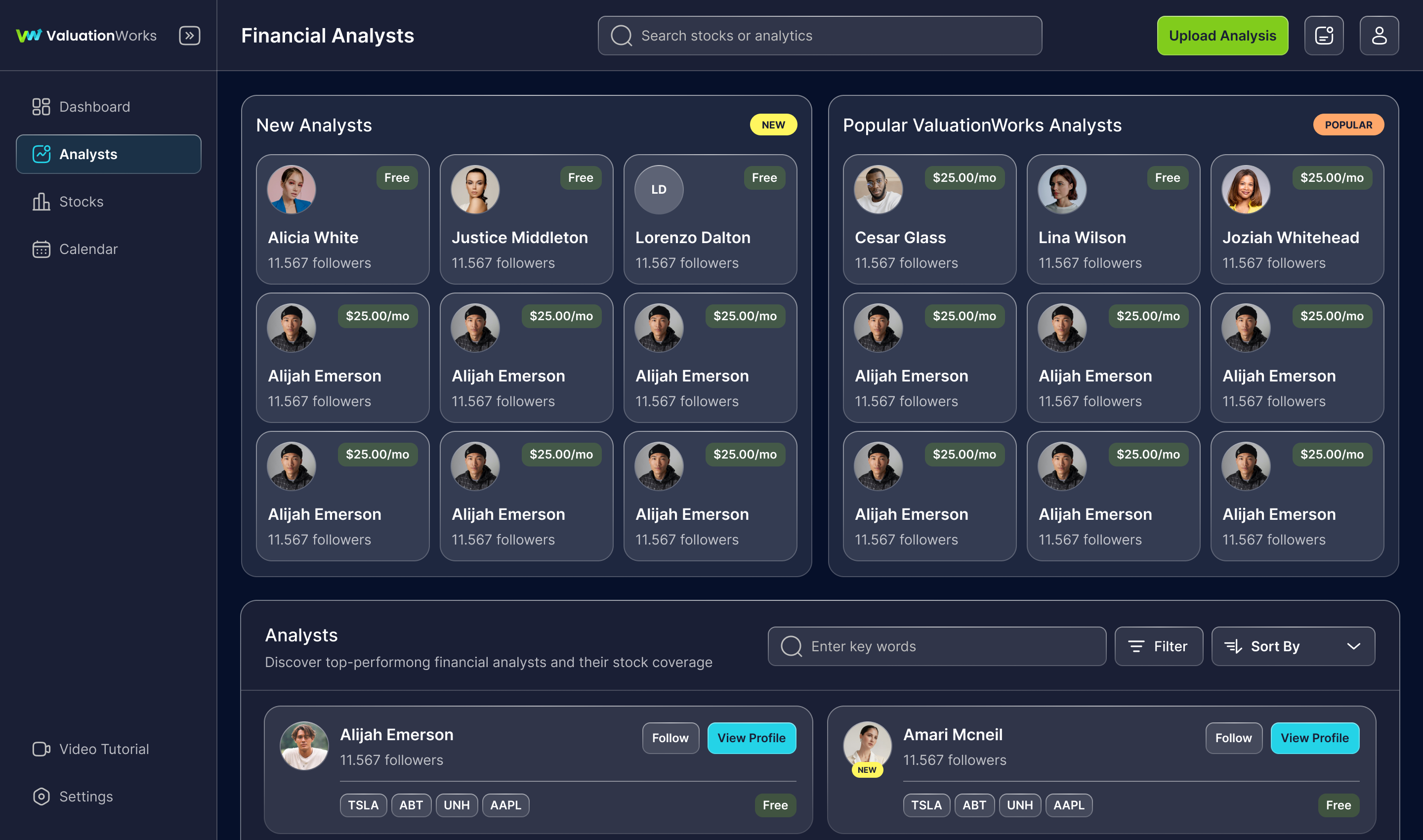 Analyst directory with search, filter, and sort
