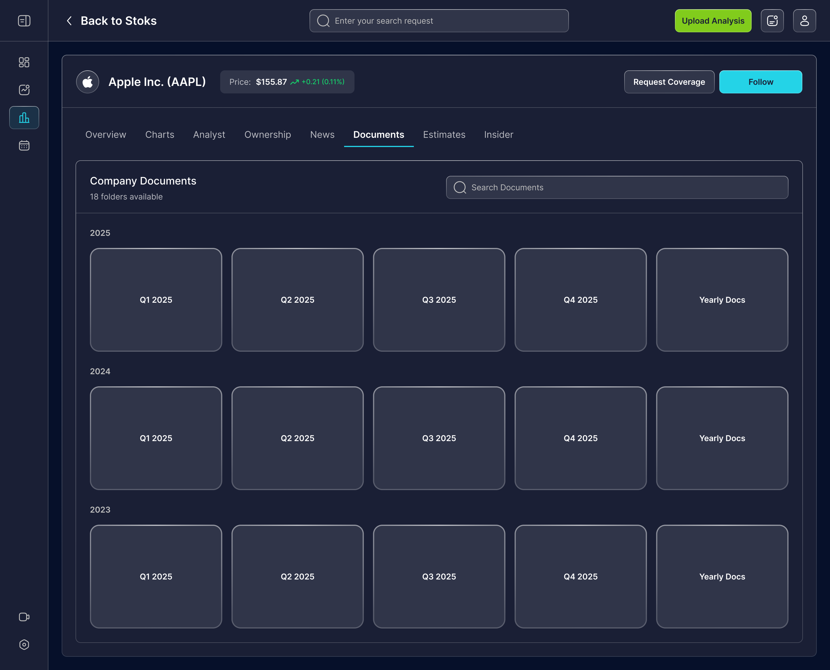 Company documents organized by quarterly and yearly filings