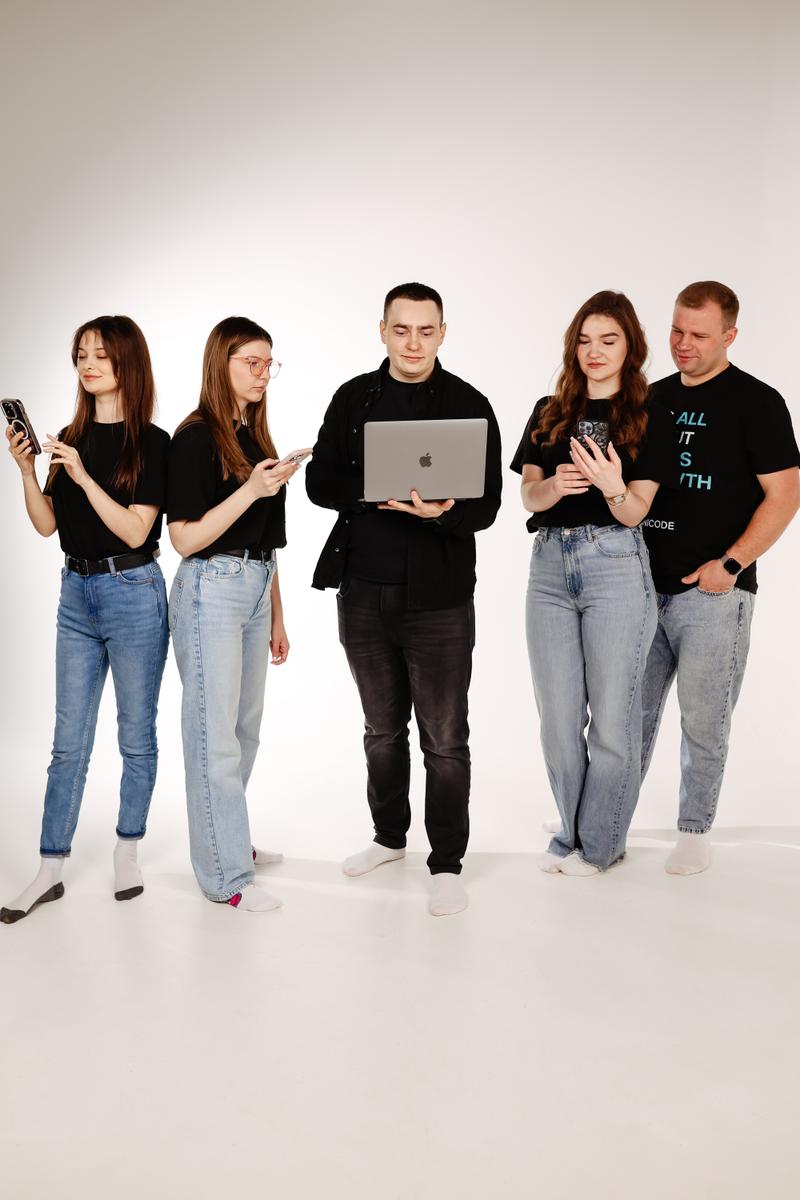 Team working with devices